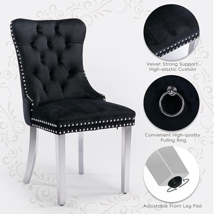 Velvet Upholstered Dining Chairs Set of 4, Modern Style Kitchen Side Chairs with Nailhead Trim and Silver Plated Leg, Metal Pulling Ring for Dining Room Living Room(Black, Set of 4)