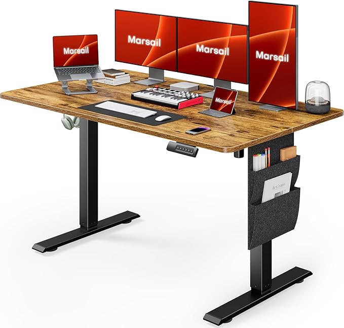 Marsail Standing Office Desk,Adjustable Heights,Stand Up Desk,55x28 Inches Desktop Sit Stand Home Office Gaming Computer Desk with 4 Memory Presets,Headphone Hook,Cable Organizer, Rustic Brown