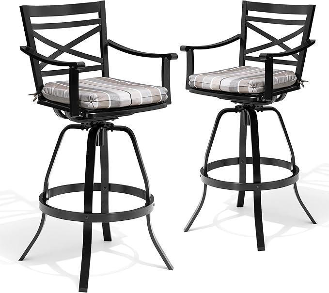 Pellebant 30" Sunbrella Outdoor Bar Stools Set of 2, Aluminum Swivel Patio Bar Height Barstools with Back & Footrest, Tall Barstool Chairs for Deck Lawn Garden, Milano Char