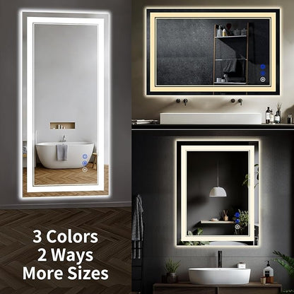 60"x28" LED Bathroom Mirror with Anti-Fog, Stepless Dimmable Lights, 3 Color Modes, Shatter-Proof Tempered Glass, Memory Function & Waterproof Design