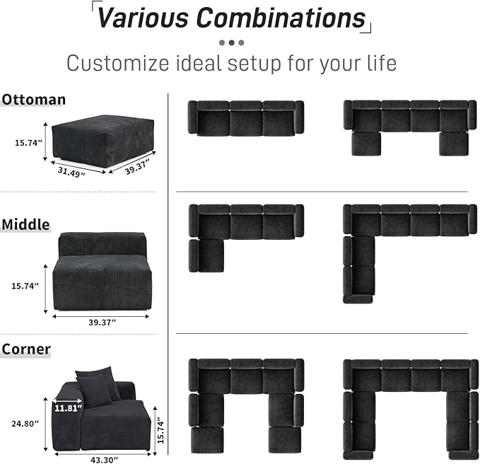 WJShome Cloud Couch Modular Sectional Sofa,102inch L Shaped Sofa with Ottoman,Black 3 Seater Corduroy Couch,Convertible Sectional Sofa for Living Room,Cushion Covers Removable& Washable
