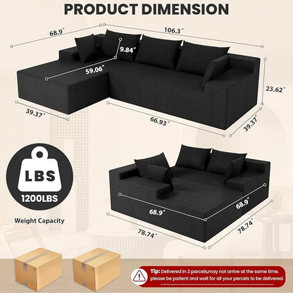 LEVELEVE 107" Cloud Sectional Couch with Deep Seat，Modern Modular Sofa with L-Shape Chaise，No Assembly Required, Upholstered Couches for Living Room Bedroom(Black,Left Facing Chaise)