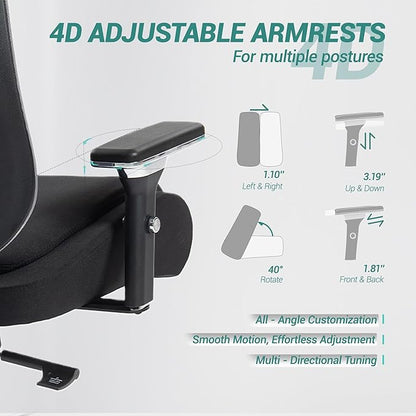 450 LBS Big and Tall Office Chair, Heavy Duty Executive Chair w/4D Arms, Ergonomic Computer Home Desk Chair, Swivel Mesh Chair w/2D Lumbar Support, Adjustable Headrest, Tilt Lock-Black and Grey