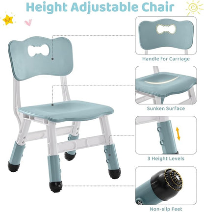 4 in 1 Kids Table and 2 Chairs Set with Storage, Toddler Table and Chair Set for Kids Ages 3-10, Graffiti & Building Blocks Double-Sided Tabletop (Grayish Blue, 2 Chairs)