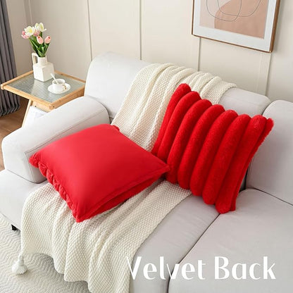 FUTEI Christmas Red Decorative Throw Pillow Covers 18x18 Inch Set of 2, Square Soft Faux Rabbit Fur Thick Striped Cushion Cover,Winter Home Decor for Couch Bed Living Room