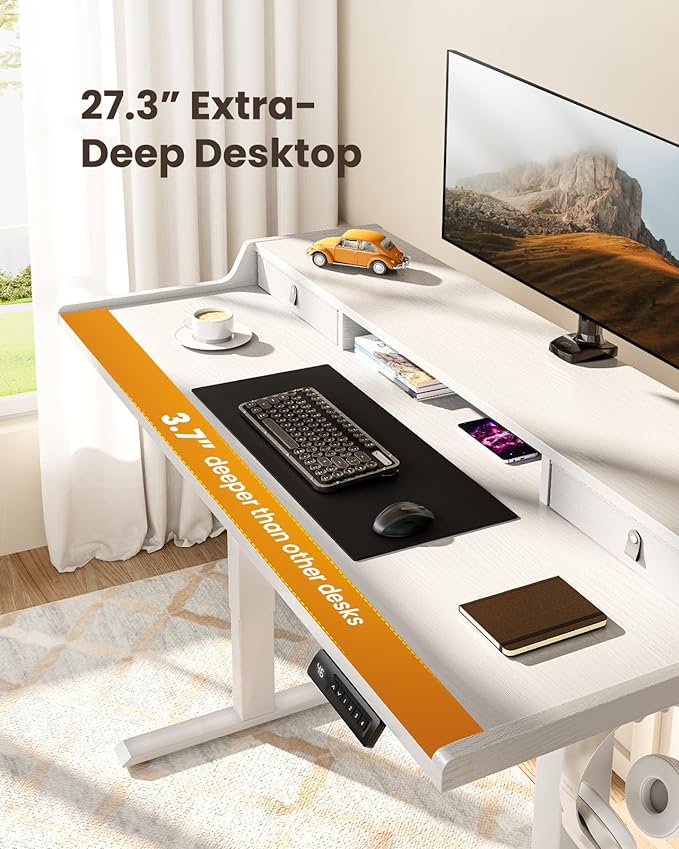 ErGear Electric Standing Desk with Drawers, 55″ x 28″ Gaming Table Compatible Monitor Stand, Stand up Desks, Home Office Height-Adjustable Desk with Storage Shelf, 4 Preset Heights, White