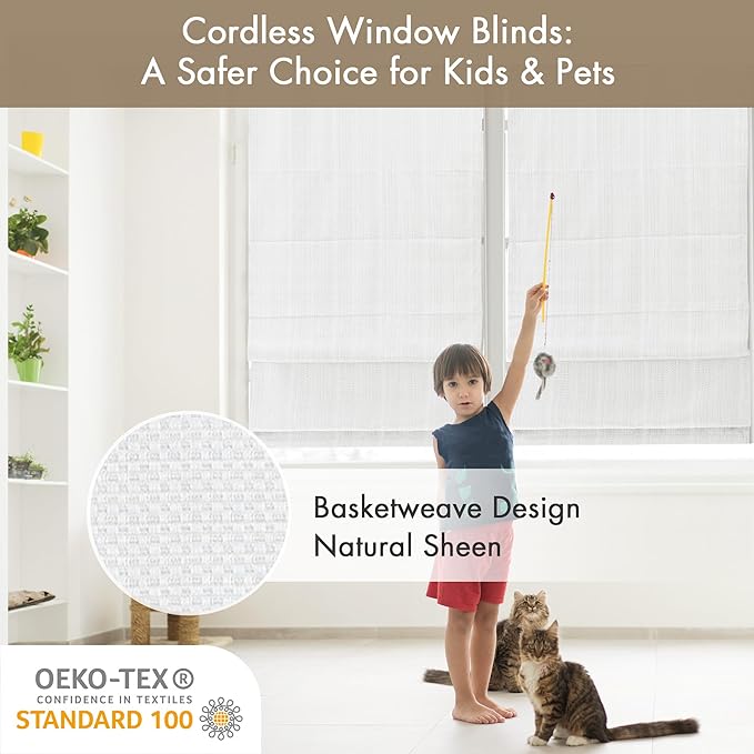 Madison Park Galen Cordless Roman Shade, 29"W x 64"H, Sheen White – Room Darkening, Thermal Insulated, Energy Efficient Window Blind with Subtle Sheen Basketweave Fabric for Privacy