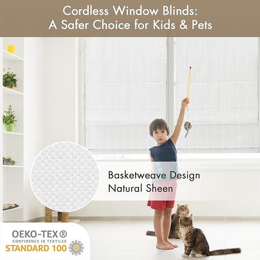 Madison Park Galen Cordless Roman Shade, 33"W x 64"H, Sheen White – Room Darkening, Thermal Insulated, Energy Efficient Window Blind with Subtle Sheen Basketweave Fabric for Privacy