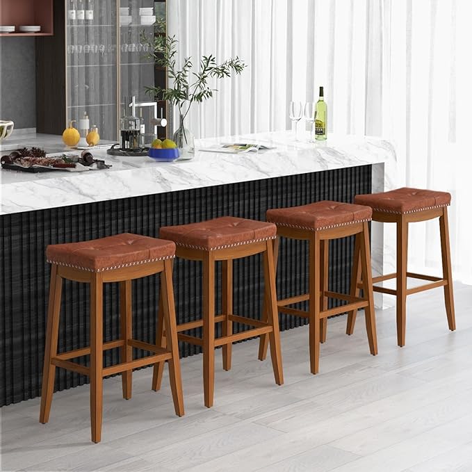 COSTWAY Saddle Bar Stools Set of 2, 29-Inch Bar Height Barstools w/PU Leather Seat, Solid Rubber Wood Frame, Footrest, Mid-Century Backless Bar Stools for Kitchen Island Home Bar