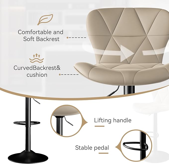 Bar Stools Set of 6,Adjustable Swivel Barstools, Faux Leather Bar Chairs,Upholstered Counter Height with High Backrest for Kitchen Island,Khaki