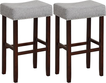 COSTWAY Counter Height Bar Stools Set of 4, 29.5-inch Backless Saddle Stools with Nailhead Trim, Rubber Wood Frame, Footrest, Max Load 330 Lbs, Upholstered Barstools for Kitchen Island Pub, Grey