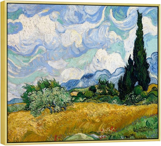 Wieco Art Framed Canvas Art Wheat Field with Cypresses by Van Gogh Impressionist Landscape oil Paintings Canvas Prints Artwork Wall Art for Living Room Home Office Decorations