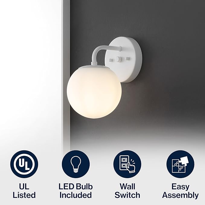 JONATHAN Y JYL3534D Louis Parisian Globe 5.75" 1-Light Metal/Frosted Glass Modern Contemporary LED Vanity Light Midcentury, Glam, Transitional, Bathroom, Powder Room, Dressing Room, Bedroom, White