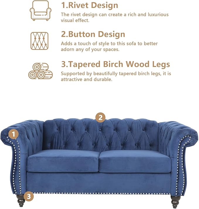 Velvet Sofa Couches Set, 3-Piece Mid Century Modern Upholstered Couch with Cushions, Home Sofa Sectional Furniture Sets, Comfy Tufted Chesterfield Couches for Living Room, Bedroom, Office