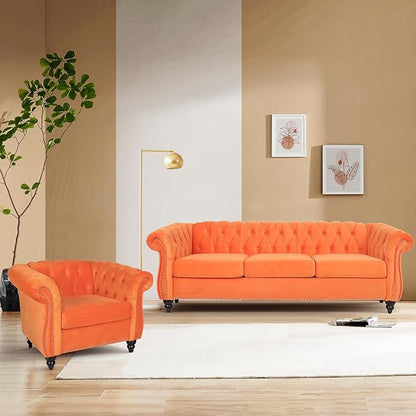 Velvet Sofa Couches Set, 3-Piece Mid Century Modern Upholstered Couch with Cushions, Home Sofa Sectional Furniture Sets, Comfy Tufted Chesterfield Couches for Living Room, Bedroom, Office
