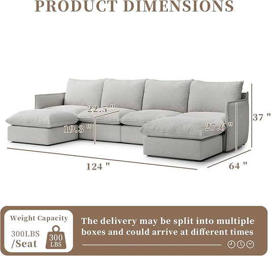 Waterproof Cloud Sectional Couches for Living Room,High Backrest Down Filled Couch,6 Seater Oversized Modular U-Shaped Sofas with Chaise,Detachable Sofa Covers,Light Grey