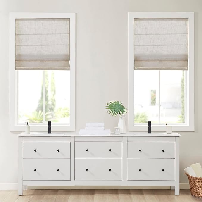 Madison Park Kyler Cordless Roman Shades - Single Panel, Lightweight Linen Blend Fabric, Natural Design, Easy Installation, Light Filtering Window Blind, Bedroom, Living Room Decor 29"W x 64"H Natural