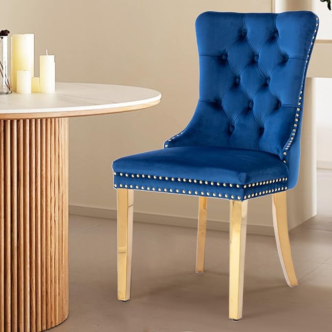 Velvet Upholstered Dining Chairs Set of 8, Modern Style Kitchen Side Chairs with Nailhead Trim and Gold Plated Leg, Metal Pulling Ring for Dining Room Living Room(Blue-Gold Plated Leg)