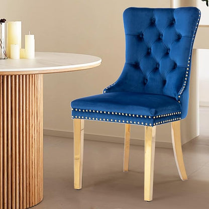 Velvet Upholstered Dining Chairs Set of 8, Modern Style Kitchen Side Chairs with Nailhead Trim and Gold Plated Leg, Metal Pulling Ring for Dining Room Living Room(Blue-Gold Plated Leg)