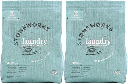 Grab Green Stoneworks Laundry Detergent Pods, 100 Count, Fragrance Free Rain Scent, Plant and Mineral Based, Cleans Deeply, Eliminates Odors, Fights Stains