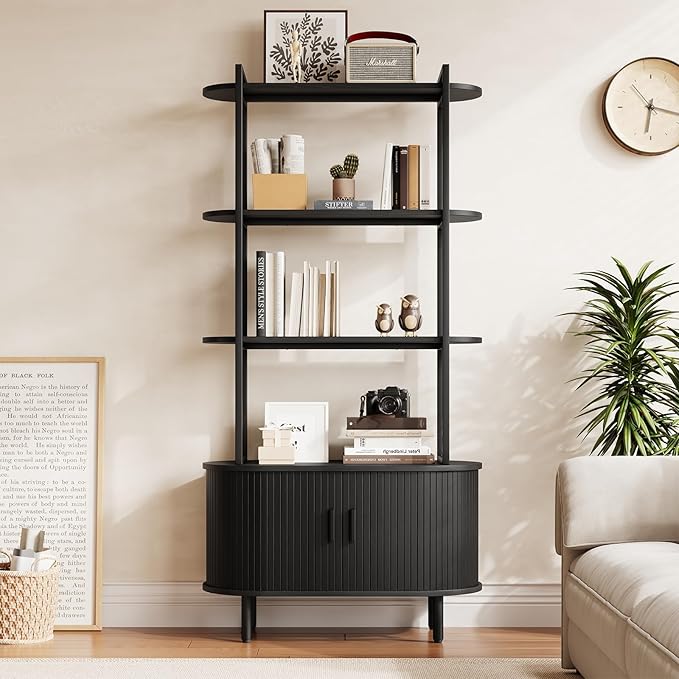 71" Tall Fluted Bookshelf with Sliding Tambour Doors, 4-Tier Mid Century Modern Metal Bookcase Cabinet w/Open Display Storage Shelf, Display Cabinet for Office, Living Room Black
