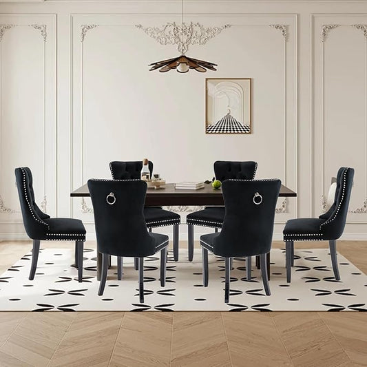 Velvet Upholstered Dining Chairs Set of 8, Modern Style Kitchen Side Chairs with Nailhead Trim and Wood Legs,Metal Pulling Ring for Dining Room Living Room(Black)