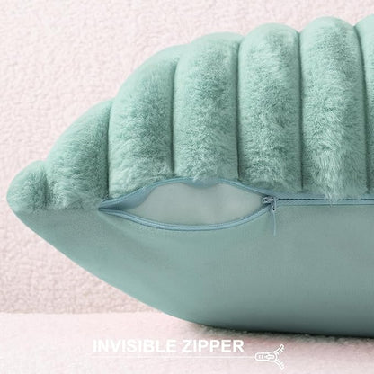 Pallene Faux Fur Plush Lumbar Throw Pillow Covers 12x20 Set of 2, Luxury Soft Fluffy Striped Decorative Pillow Covers for Sofa, Couch, Living Room, Aqua