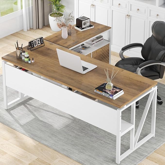 Tribesigns L Shaped Desk with Drawer,63" Executive Computer Desk and lateral File Cabinet, 2 Piece Home Office Furniture for Hanging File, Cabinet with Doors (Walnut, 63-inches)