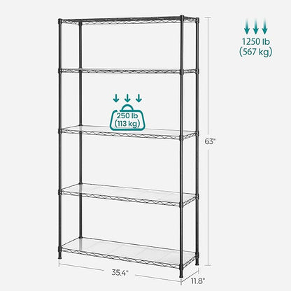 SONGMICS 5-Tier Storage Unit, Wire Shelving, Kitchen Metal Rack With Adjustable Shelves, Shelf Liners, 8 Hooks, for Garage, 11.8 x 35.4 x 63 Inches, Black ULGR095B01