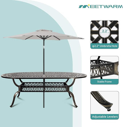 MEETWARM 9-Piece Outdoor Patio Dining Set, 8 Outdoor Dining Chairs and 1 Oval Table with 2" Umbrella Hole, All Weather Cast Aluminum Patio Funiture Set for Backyard, Garden, Patio