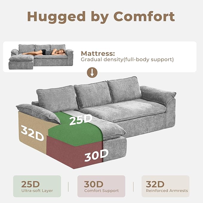 Modular Sectional Sofa, 107.5" L-Shaped Boneless Couch with Deep Seat, Modern Minimalist Upholstered Cloud Sectional Couch for Living Room Bedroom, No Assembly Required, Light Gray Chenille