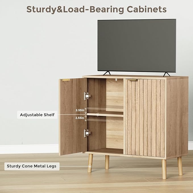 Fluted Storage Cabinet, Free Standing Buffet, Wood Sideboard, Multifunctional Accent Storage for Living Room, Hallway, Entryway, Dining Room (2, Oak)