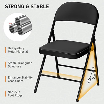 SEALAMB 4 Pack Black Folding Chairs with Padded Seats & Cushion, Durable Metal Foldable Chairs for Wedding Party, Commercial Chairs for Office School Church Events, 330lb Capacity (Black-PU, 4 Pack)