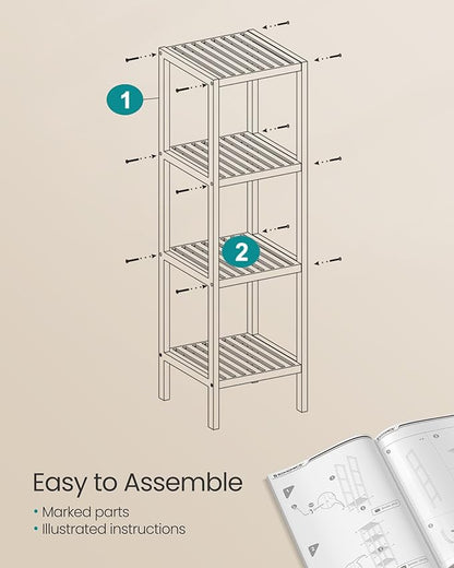 SONGMICS Bamboo Storage Shelf, 4-Tier Shelving Unit, Multifunctional, in the Entryway, Bathroom, Living Room, Balcony, Kitchen, 13 x 13 x 38.6 Inches, Light Bamboo UBCB54Y