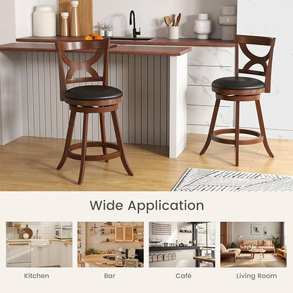 COSTWAY Bar Stools Set of 4, 360-Degree Swivel Chairs with Soft Cushion & Elegant Hollow Backrest, Rubber Wood Footrests, Upholstered Swivel Counter Stools for Kitchen Island, Pub, Café (4, 24‘’)