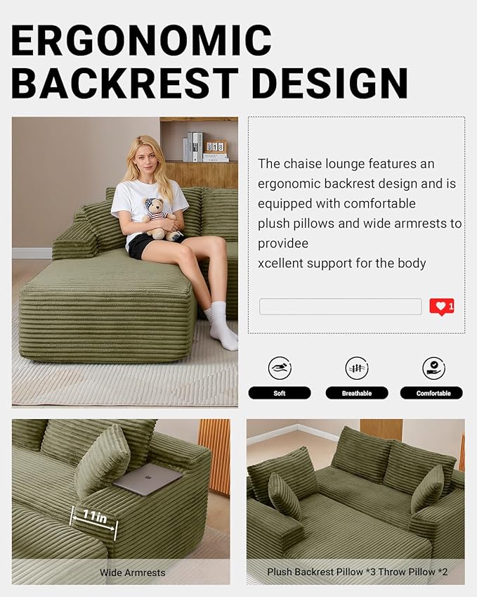 108 Inch Cloud Sectional Couch,Modern Modular Sectional Sofa with Deep Seat,Corduroy Boneless Couches with L-Shape Chaise for Living Room,No Assembly Required (Green, Right Facing Chaise + Ottoman)