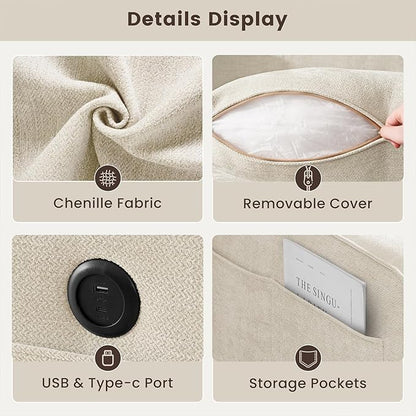 PARKOL 99" L-Shaped Sectional Couch with Storage, Sofa with Reversible Chaise, USB Type-C Charging, Chenille Fabric, Removable Cushion Covers, for Small Space, Apartment, Living Room, Beige