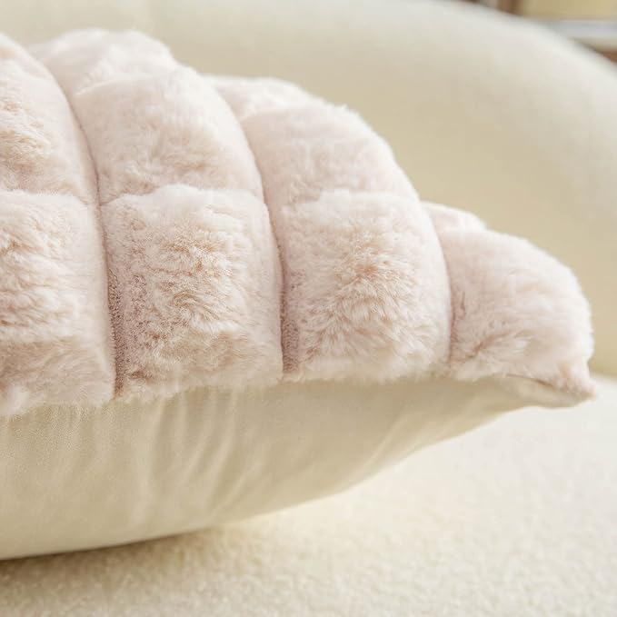 Neelvin Beige Faux Fur Cozy Soft Plaid Decorative Throw Pillow Covers 16x16 inch Set of 2,Velvet Pillowcase Cushion Case for Sofa Couch