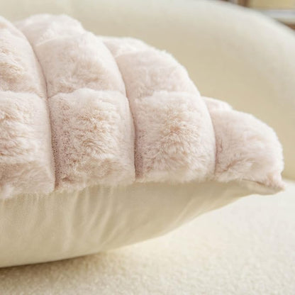 Neelvin Beige Faux Fur Cozy Soft Plaid Decorative Throw Pillow Covers 26x26 inch Set of 2,Velvet Pillowcase Cushion Case for Sofa Couch