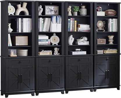 72in Tall Bookshelf 7 Tier Bookcase with Drawer and Barn Doors and Adjustable Shelves, Black Farmhouse Book Shelf with Storage Cabinet, Wood Freestanding Display Bookshelves for Kitchen (4PCS)