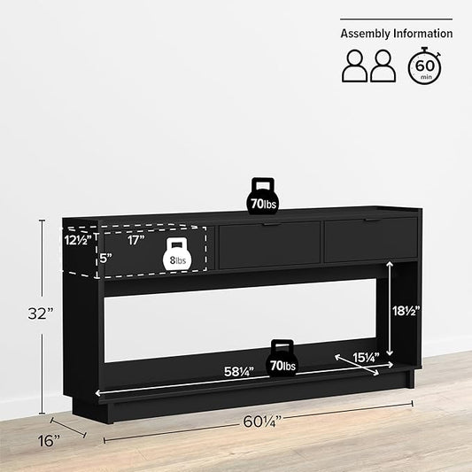 Prepac Black Simply Modern Entryway Table, Narrow Console Table with 3 Drawers, Media Console with Storage, 15.75" D x 60.25" W x 32" H