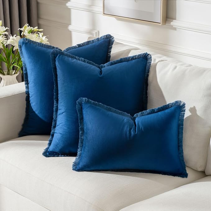 FUTEI Navy Blue Velvet Decorative Throw Pillow Covers 22x22 Set of 2,Soft Cozy Edge with Tassels Cushion Case,Boho Modern Home Decor for Couch Bed Living Room