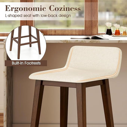 COSTWAY Wooden Bar Stools Set of 4, 29-inch Height Upholstered Padded Seat, Low Backrest, Footrest, Rubber Wood Legs, Armless Bar Chairs for Kitchen Counter Island, Dining Room, Brown+Beige