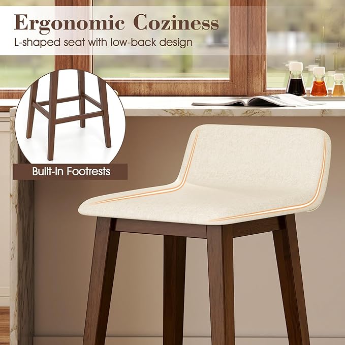 COSTWAY Wooden Bar Stools Set of 2, 29-inch Height Upholstered Padded Seat, Low Backrest, Footrest, Rubber Wood Legs, Armless Bar Chairs for Kitchen Counter Island, Dining Room, Brown+Beige