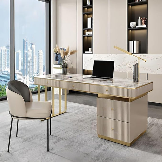 RUNNUP Stone top Computer Desk with 5 Drawers, Rectangular Home Computer Desk Writing Desk, Modern Executive Desk, Without Chairs, Khaki, 47.5" L x 23.5" W x 29.5" H