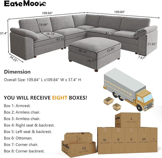 EASE MOOSE Oversized Sectional Modular Sofa, L Shape Grey Sectional Wide Deep seat,FSC Certified Comfortable Chenille Cloud Couch