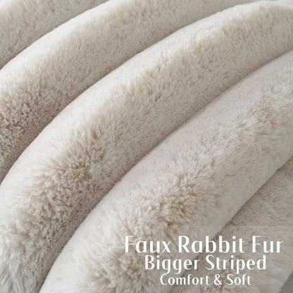 FUTEI Beige Decorative Throw Pillow Covers 20x20 Inch Set of 2, Square Soft Faux Rabbit Fur Thick Striped Cushion Cover,Winter Home Decor for Couch Bed Living Room