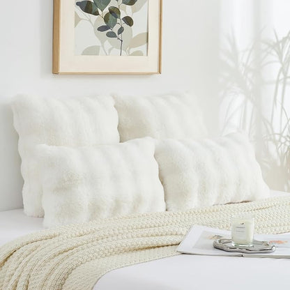 FUTEI Cream White Decorative Throw Pillow Covers 24x24 Inch Set of 2,Soft Fuzzy Faux Rabbit Fur European Cushion Covers with Raised Texture,Neutral Boho Home Decor for Couch Bed Living Room