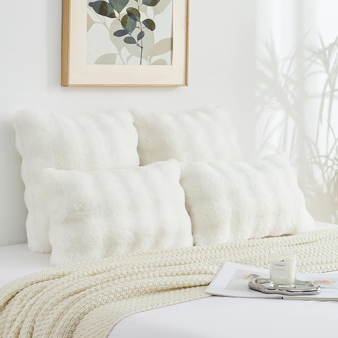 FUTEI Cream White Decorative Throw Pillow Covers 26x26 Inch Set of 2,Soft Fuzzy Faux Rabbit Fur Euro Pillow Shams with Raised Texture,Neutral Boho Home Decor for Couch Bed Living Room