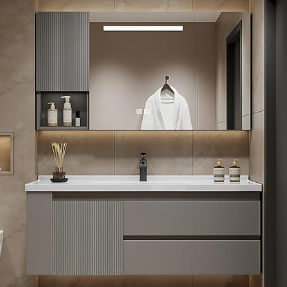 64IN Suspended Bathroom Cabinet Combo Set - Fully Functional LED Mirror with Smart Defogging & Time Display | Bathroom Vanity with Sink,Side Cabinet Storage Compartment (Style A)